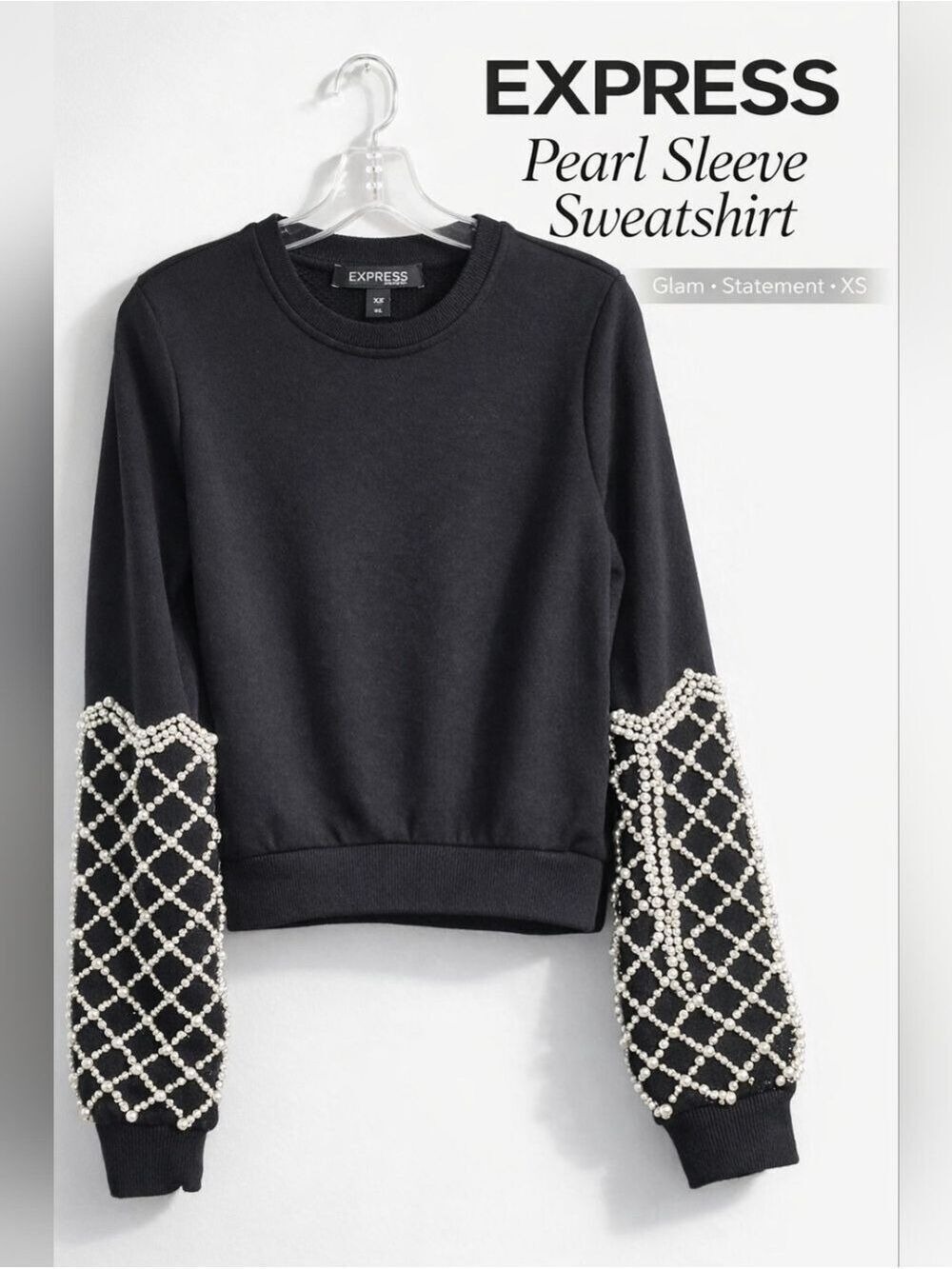 EXPRESS Black Pearl Rhinestone Sweatshirt Glam Statement XS Extra Small